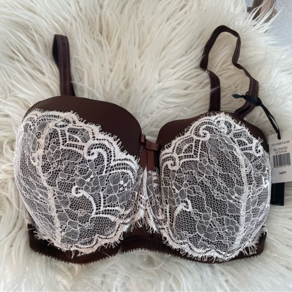 Love Claudette Odette long line balconette brown lace underwire bra 34FF NWOT